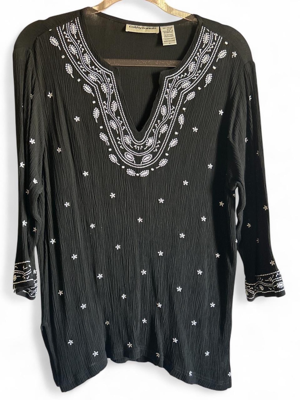 Cathy Daniels Black Tunic with White Embroidered Neckline size L